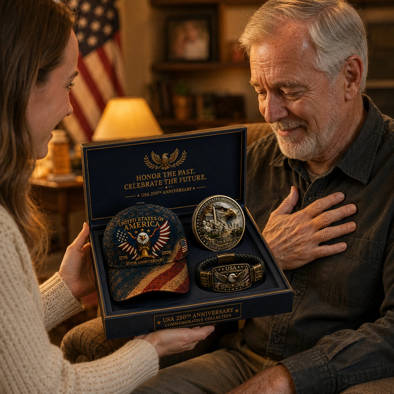 🔥 Today Only: FREE Collector Coin🔥 | USA 250th Anniversary Patriotic Eagle 3-Piece Gift Set – Embroidered Cap, Coin & Bracelet