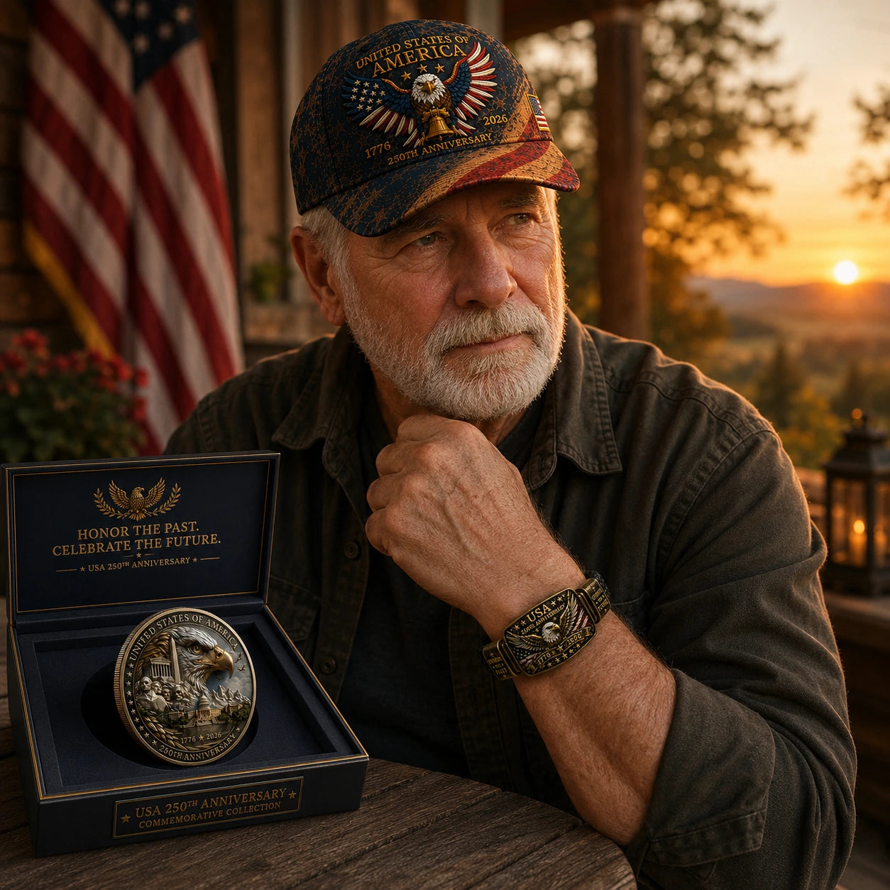 Older man proudly wearing the USA 250th Anniversary cap and bracelet